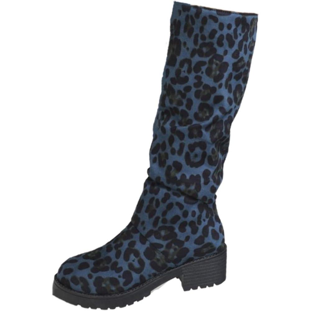 imageGenerisch Vtements dextrieur pour femme bottes hautes grandes tailles pour femme talon pais antidrapant Bottes dhiver avec dentelle au genou Motif lopard Bottes westernBleu Fonc