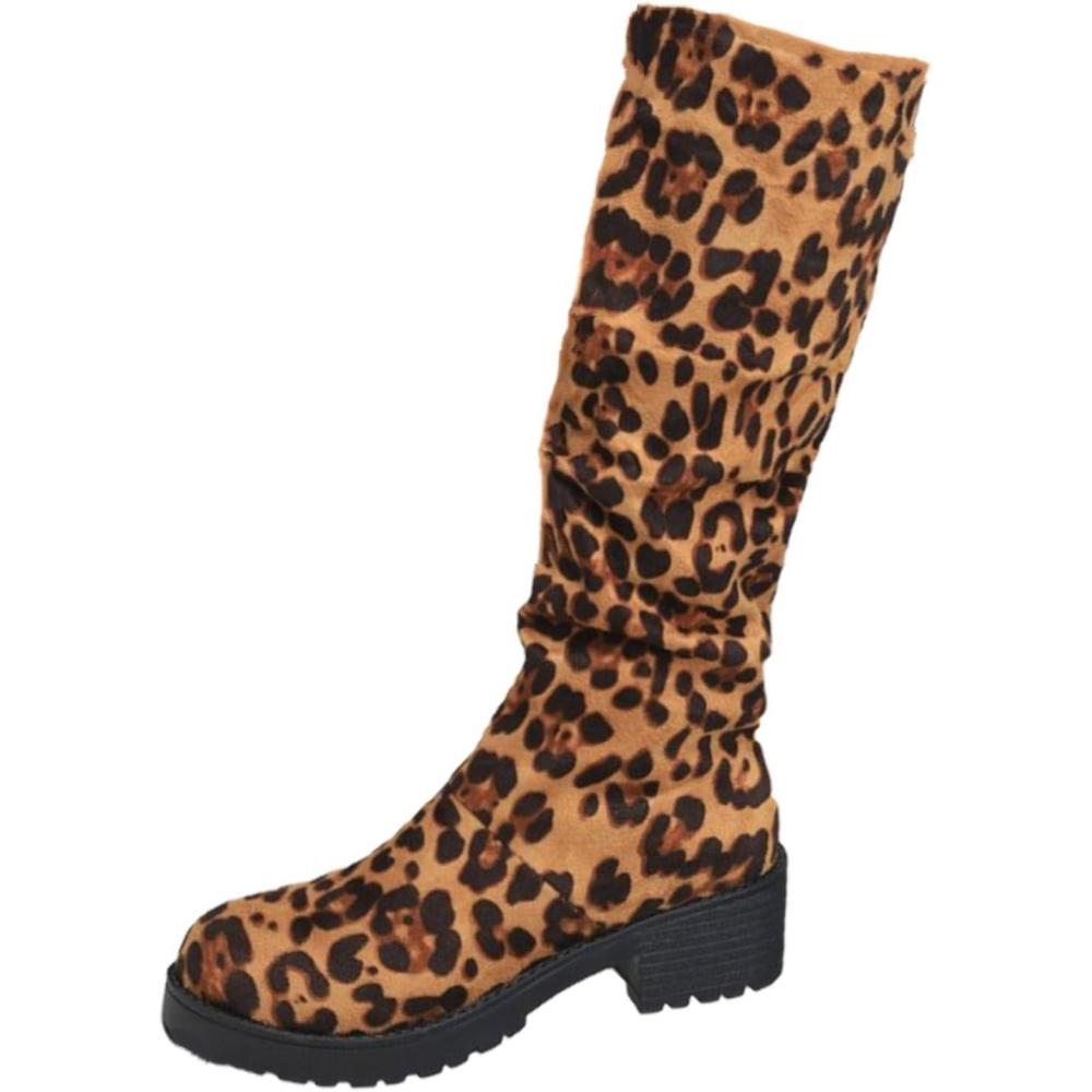 imageGenerisch Vtements dextrieur pour femme bottes hautes grandes tailles pour femme talon pais antidrapant Bottes dhiver avec dentelle au genou Motif lopard Bottes westernOr