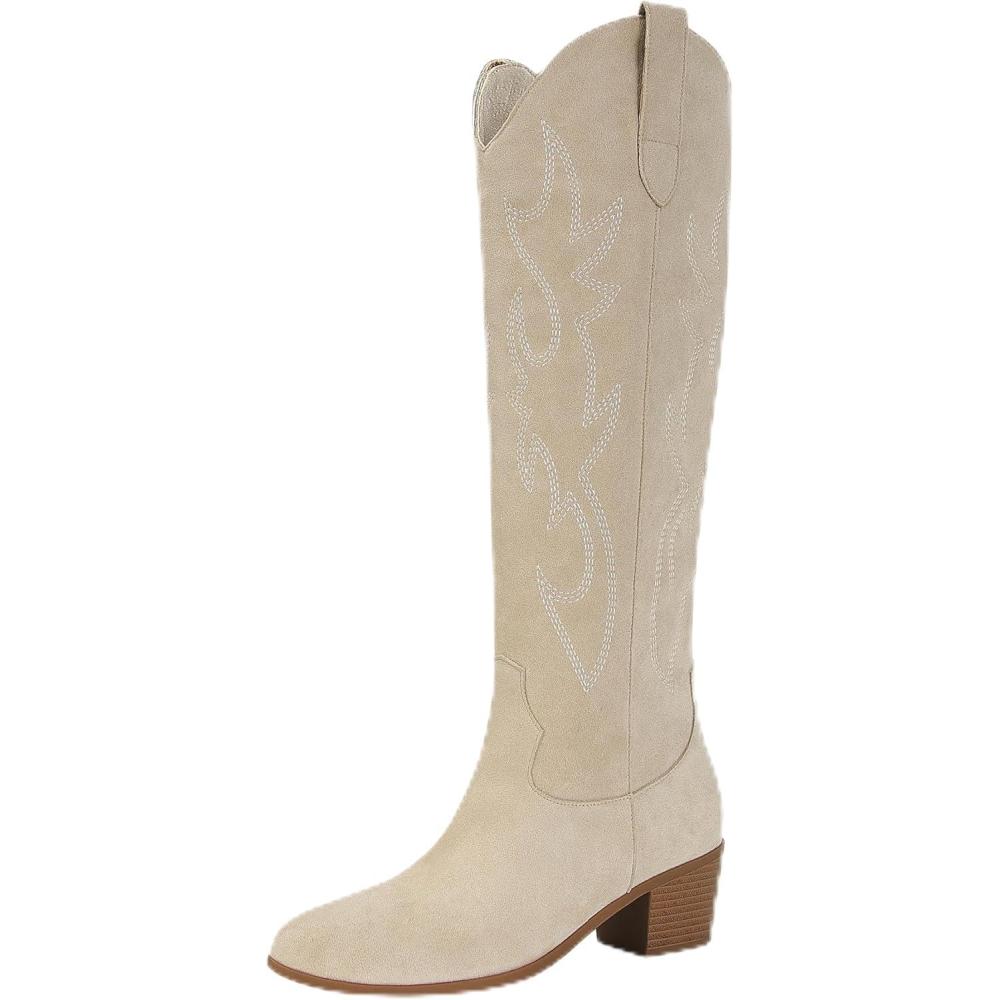 imageSTALOV Bottes en jean pour femme bout pointu talon pais sans fermeture longueur genou broderie hautesBeige 2 Beige