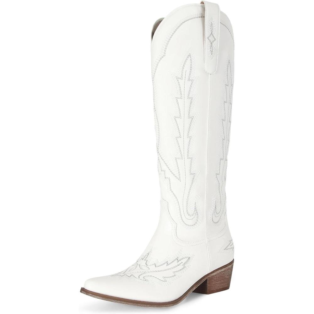 imageSTALOV Bottes en jean pour femme bout pointu talon pais sans fermeture longueur genou broderie hautesBlanc 2