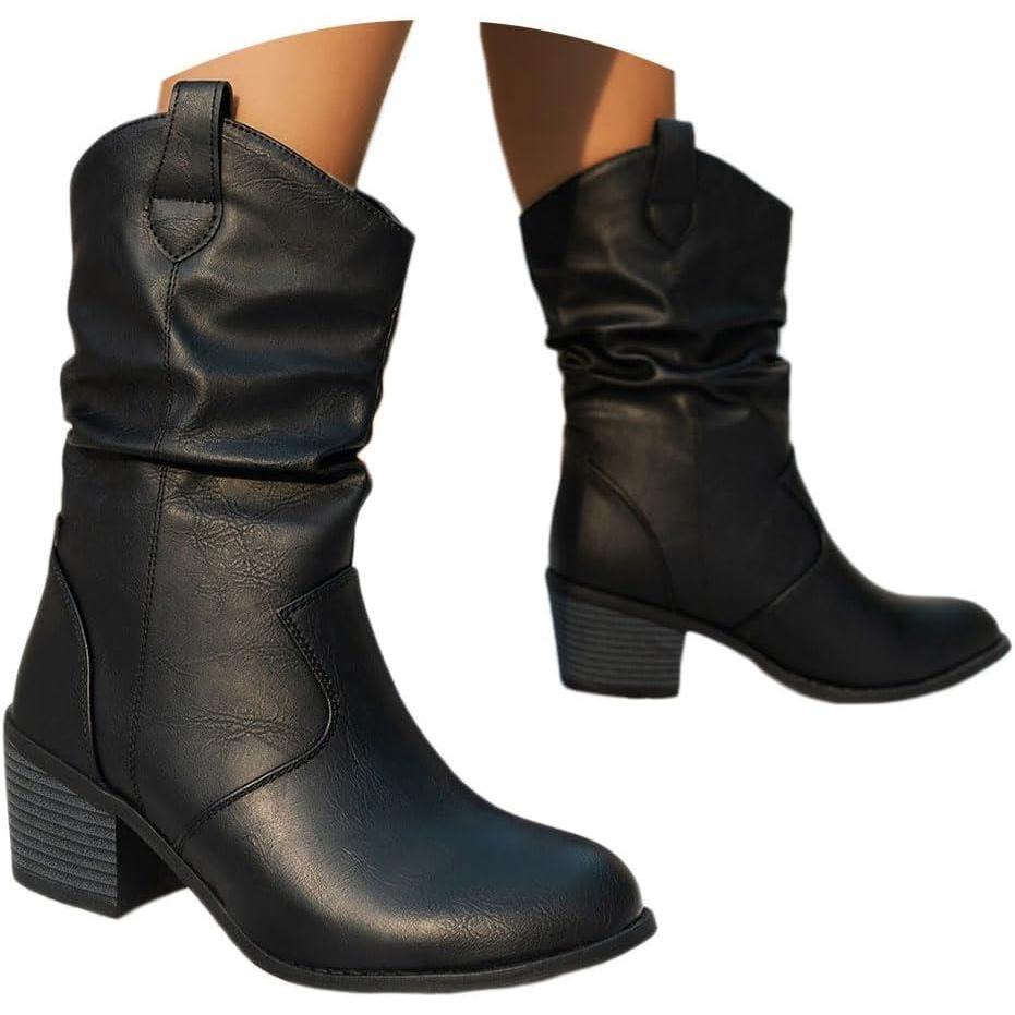 imageshownicer Bottes et Bottines Femme de Cowboy Motard Casual Bottes Talons Pais Automne et Hiver Mode Bout Rond Confortables sans Lacet Chaussures CourtesC Noir