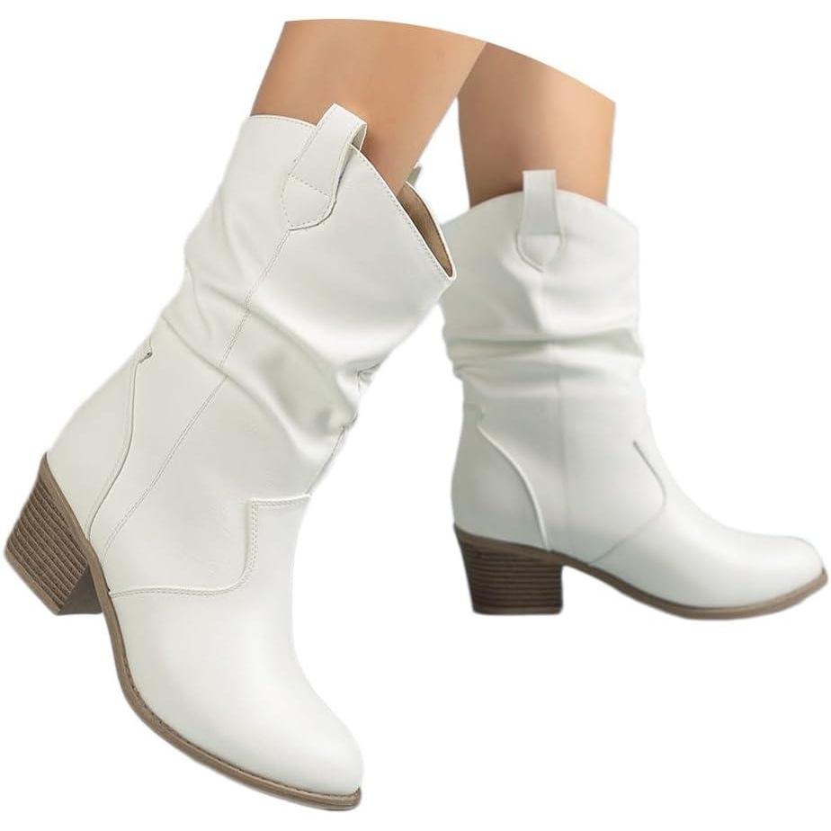 imageshownicer Bottes et Bottines Femme de Cowboy Motard Casual Bottes Talons Pais Automne et Hiver Mode Bout Rond Confortables sans Lacet Chaussures CourtesC Blanc