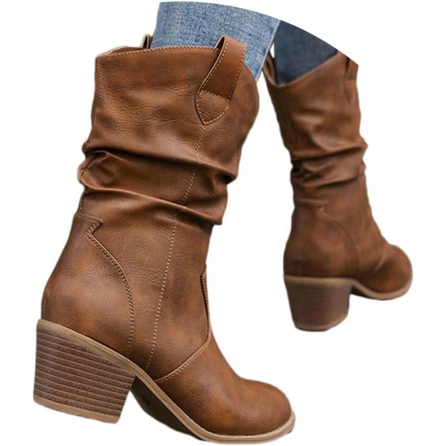 imageshownicer Bottes et Bottines Femme de Cowboy Motard Casual Bottes Talons Pais Automne et Hiver Mode Bout Rond Confortables sans Lacet Chaussures CourtesC Marron