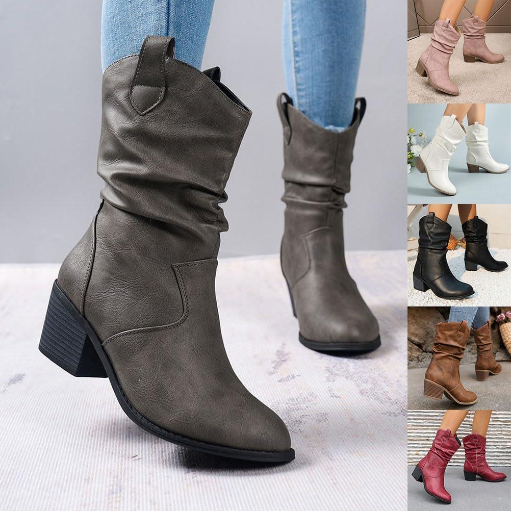 imageshownicer Bottes et Bottines Femme de Cowboy Motard Casual Bottes Talons Pais Automne et Hiver Mode Bout Rond Confortables sans Lacet Chaussures CourtesC Marron