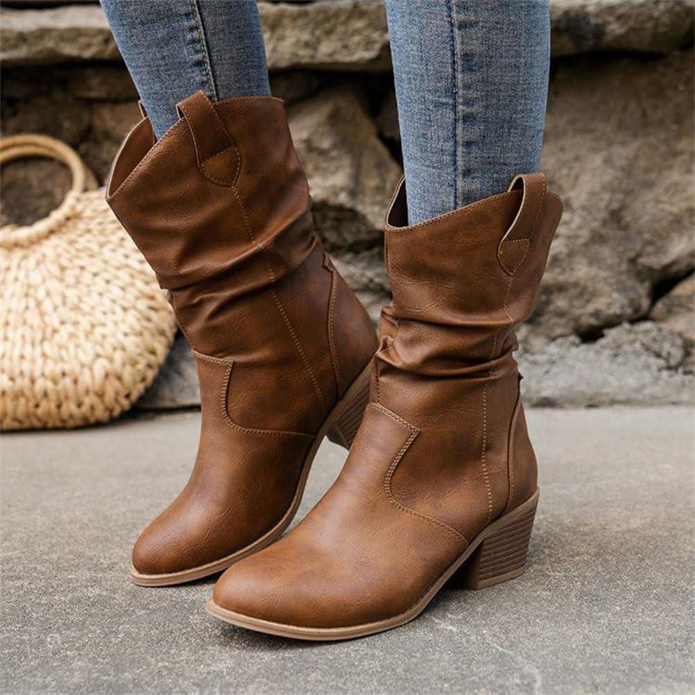 imageshownicer Bottes et Bottines Femme de Cowboy Motard Casual Bottes Talons Pais Automne et Hiver Mode Bout Rond Confortables sans Lacet Chaussures CourtesC Marron