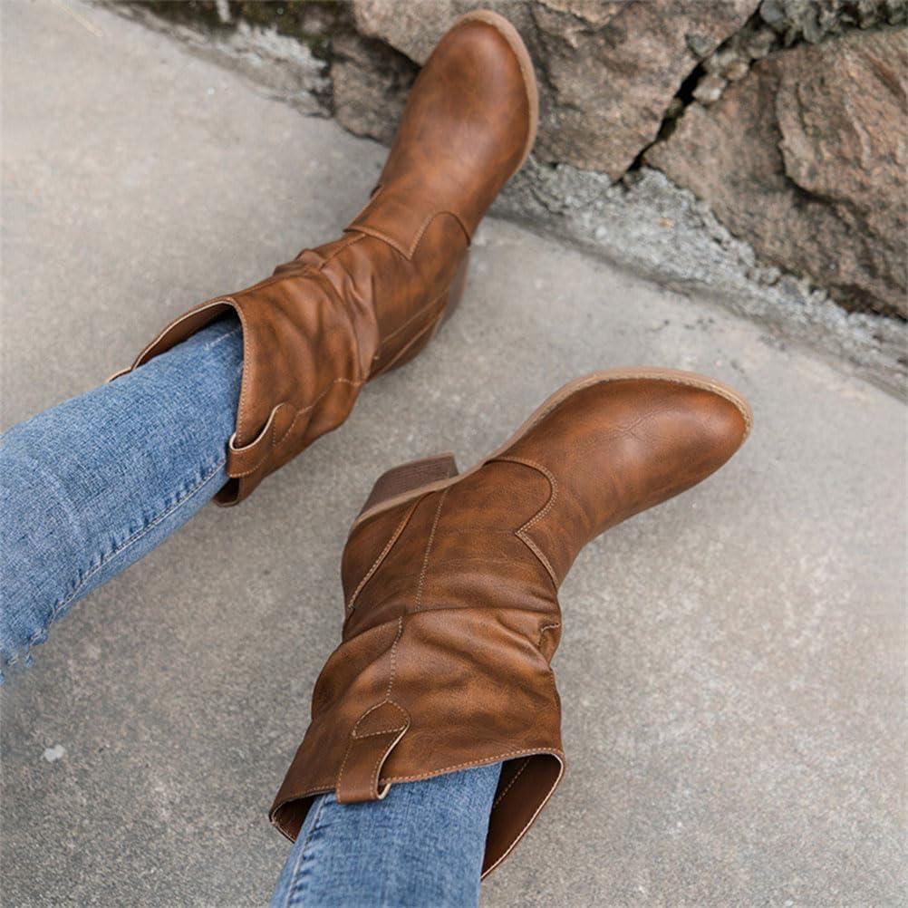 imageshownicer Bottes et Bottines Femme de Cowboy Motard Casual Bottes Talons Pais Automne et Hiver Mode Bout Rond Confortables sans Lacet Chaussures CourtesC Marron