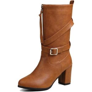 Bottes Western Femme Hiver Talon Haut Carré Zip 33-52(Marron Camel)