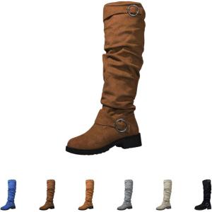 Bottes de cowboy pour femme en daim – Bottes hautes pour femme – Bottes western à plateforme avec boucle – Bottes longues à enfiler – Bottes d&rsquo;équitation rétro – Talon bloc – Semelle profilée – Bottes(Marron)