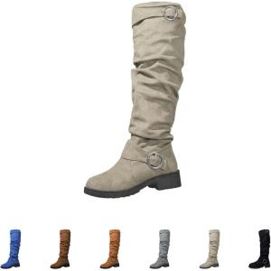 Bottes de cowboy pour femme en daim – Bottes hautes pour femme – Bottes western à plateforme avec boucle – Bottes longues à enfiler – Bottes d&rsquo;équitation rétro – Talon bloc – Semelle profilée – Bottes(Beige)