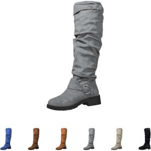 Bottes de cowboy pour femme en daim – Bottes hautes pour femme – Bottes western à plateforme avec boucle – Bottes longues à enfiler – Bottes d&rsquo;équitation rétro – Talon bloc – Semelle profilée – Bottes(Gris)