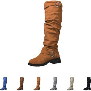 Bottes de cowboy pour femme en daim – Bottes hautes pour femme – Bottes western à plateforme avec boucle – Bottes longues à enfiler – Bottes d&rsquo;équitation rétro – Talon bloc – Semelle profilée – Bottes(Rouge)