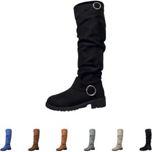 Bottes de cowboy pour femme en daim – Bottes hautes pour femme – Bottes western à plateforme avec boucle – Bottes longues à enfiler – Bottes d&rsquo;équitation rétro – Talon bloc – Semelle profilée – Bottes(Noir)