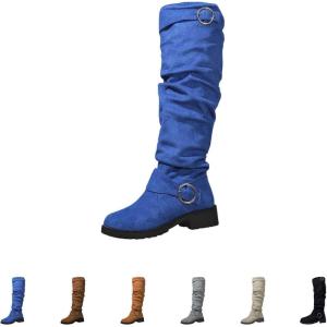 Bottes de cowboy pour femme en daim – Bottes hautes pour femme – Bottes western à plateforme avec boucle – Bottes longues à enfiler – Bottes d&rsquo;équitation rétro – Talon bloc – Semelle profilée – Bottes(Bleu)
