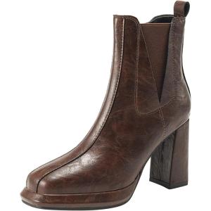 Bottes western pour femme – Avec bout carré – En cuir verni – Bottes à talons hauts – Doublées – Élégantes – Avec talon mi-mollet – Pour l&rsquo;hiver(Marron)