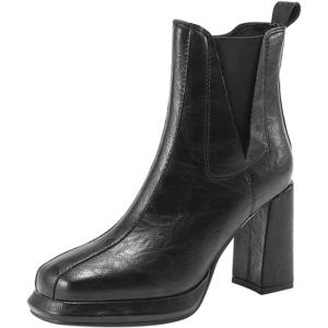 Bottes western pour femme – Avec bout carré – En cuir verni – Bottes à talons hauts – Doublées – Élégantes – Avec talon mi-mollet – Pour l&rsquo;hiver(Noir)