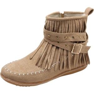 Bottines pour femme – Style décontracté – Couleur unie – Avec franges – Confortables – Plates – Cylindriques – Rondes – Grandes tailles – Bottines western(Beige)