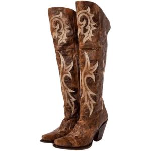 FGRID Bottes de Cowboy au-Dessus du Genou pour Femmes, Bottes Western mi-Mollet brodées à Bout carré rétro, Doublure en Fausse Fourrure, Bottes Chevalier en Cuir Vieilli l&rsquo;hiver(Brown Marron)