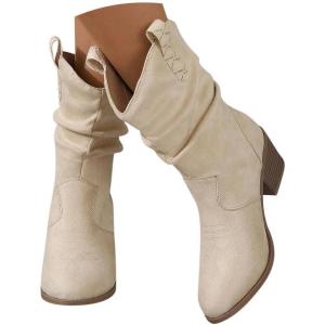 shownicer Bottes et Bottines Femme de Cowboy Motard Casual Bottes à Talons éPais Automne et Hiver Mode Bout Rond Confortables sans Lacet Chaussures Courtes(A Abricot)