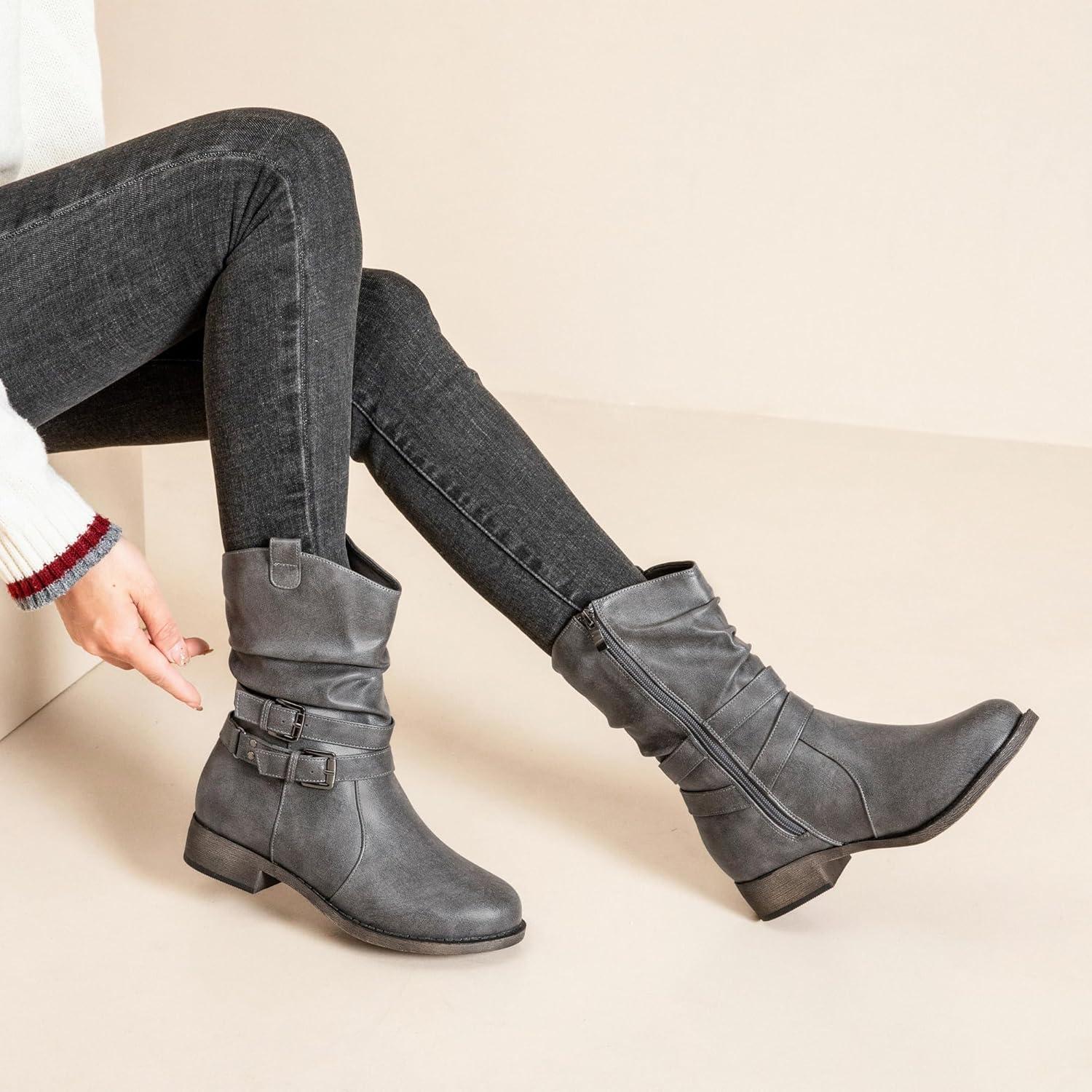 imageAtaiwee Bottes de cowboy mimollet pour femmes avec talon large bas fermeture clair latrale style moto bout rond classique bottes western tendance noirmarron foncgris2304002 Gris
