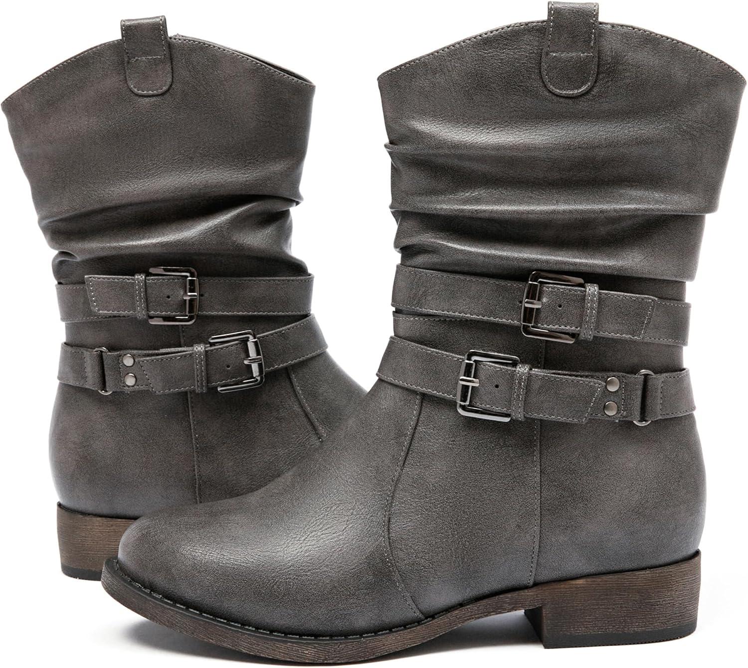 imageAtaiwee Bottes de cowboy mimollet pour femmes avec talon large bas fermeture clair latrale style moto bout rond classique bottes western tendance noirmarron foncgris2304002 Gris