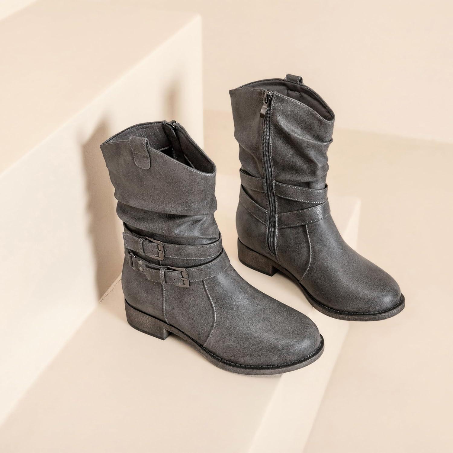 imageAtaiwee Bottes de cowboy mimollet pour femmes avec talon large bas fermeture clair latrale style moto bout rond classique bottes western tendance noirmarron foncgris2304002 Gris