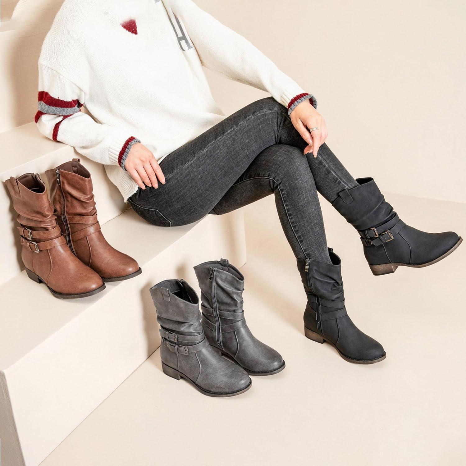 imageAtaiwee Bottes de cowboy mimollet pour femmes avec talon large bas fermeture clair latrale style moto bout rond classique bottes western tendance noirmarron foncgris2304002 Gris