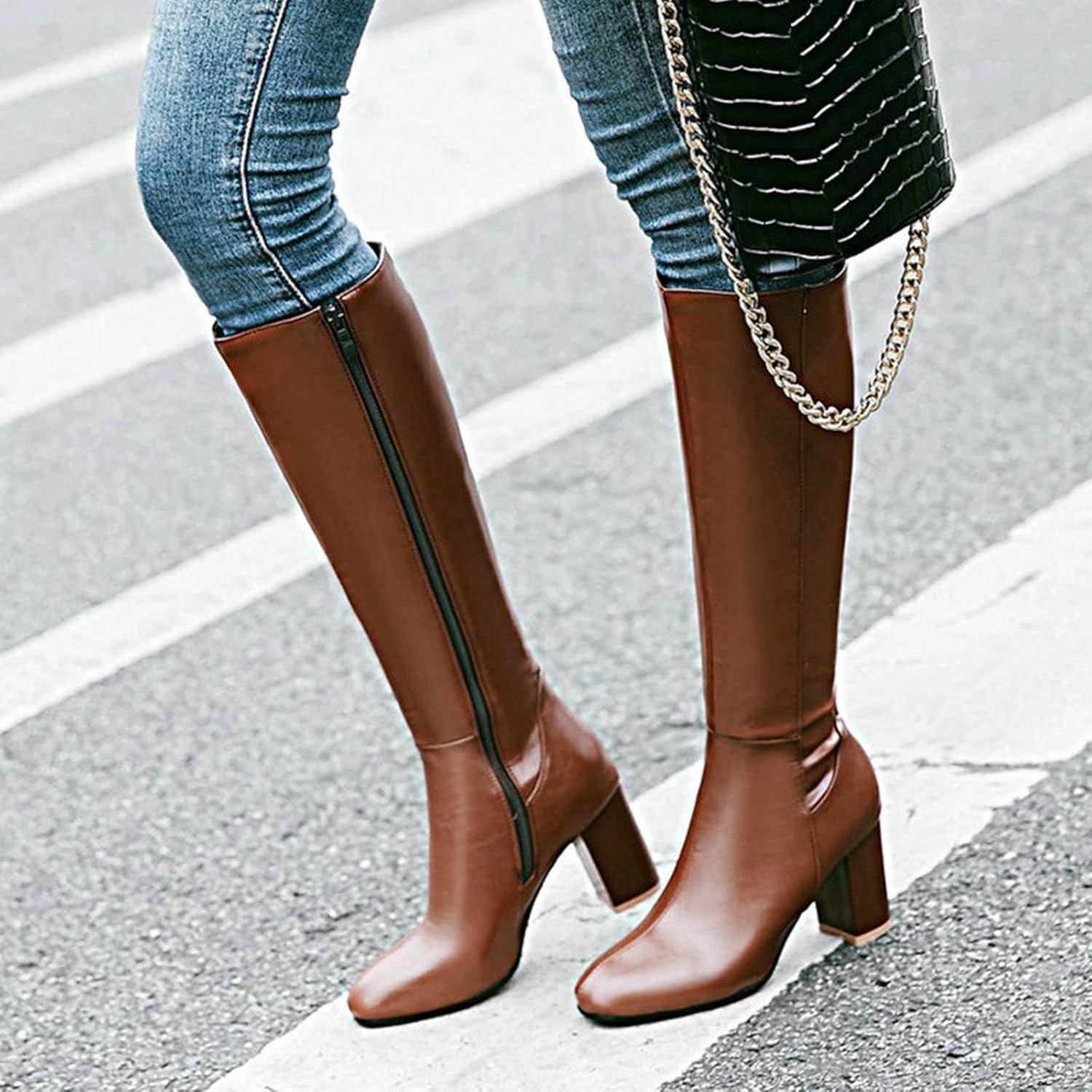 imageBottes Hautes Genoux Femme Classiques Botte Equitation pour Femmes Bottes de Cowboy Confortables Tirer Sur Les Boots DHiver DAutomne Bottines Western Chaussure Vintage Mode Cuir Women Shoes01 Brun