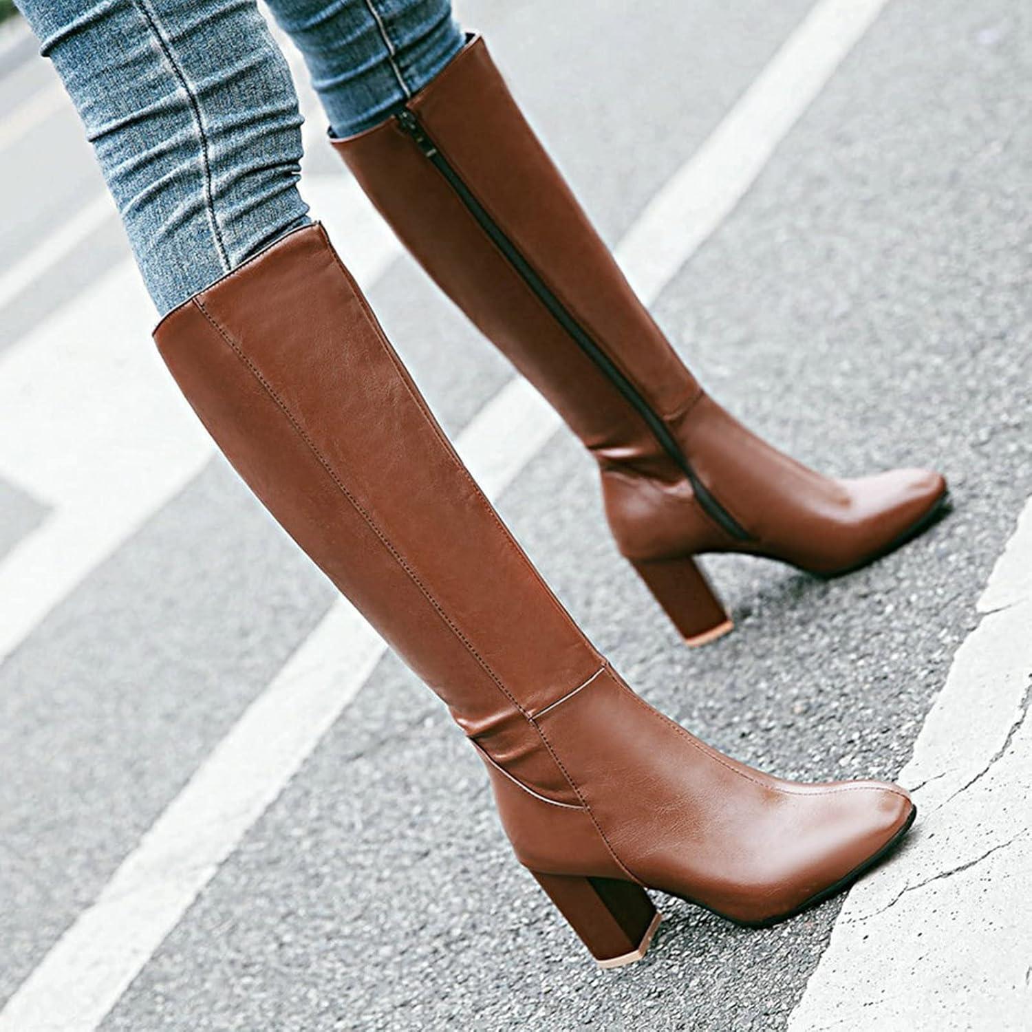 imageBottes Hautes Genoux Femme Classiques Botte Equitation pour Femmes Bottes de Cowboy Confortables Tirer Sur Les Boots DHiver DAutomne Bottines Western Chaussure Vintage Mode Cuir Women Shoes01 Brun