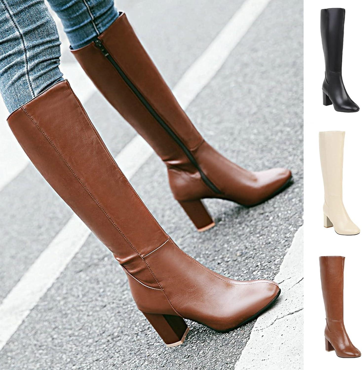 imageBottes Hautes Genoux Femme Classiques Botte Equitation pour Femmes Bottes de Cowboy Confortables Tirer Sur Les Boots DHiver DAutomne Bottines Western Chaussure Vintage Mode Cuir Women Shoes01 Beige