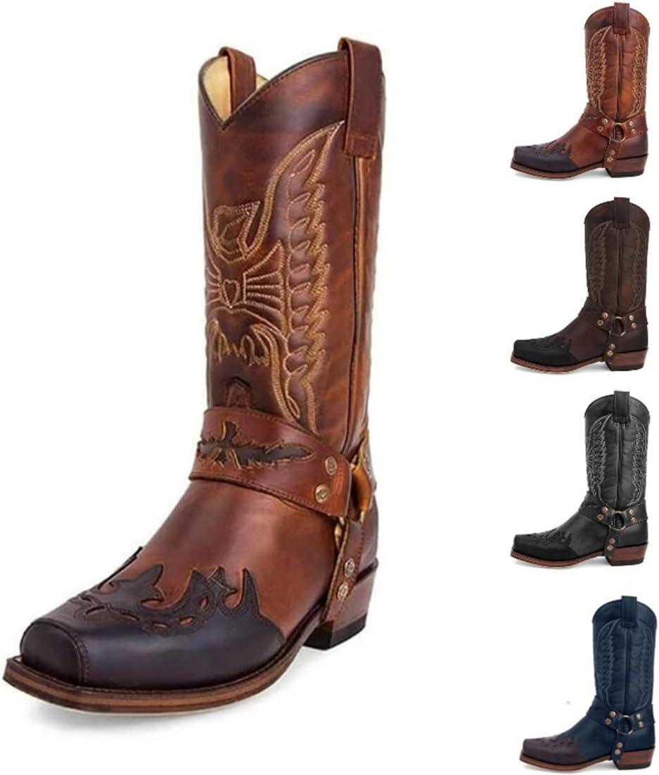 imageBottes Western Cowgirl Knight pour FemmeBottes miMollet rtro Bout carr Broderie Classique Botte dcontracte Traditionnelle Campagne Bottines Moto en Cuir pour HommeBlack Noir