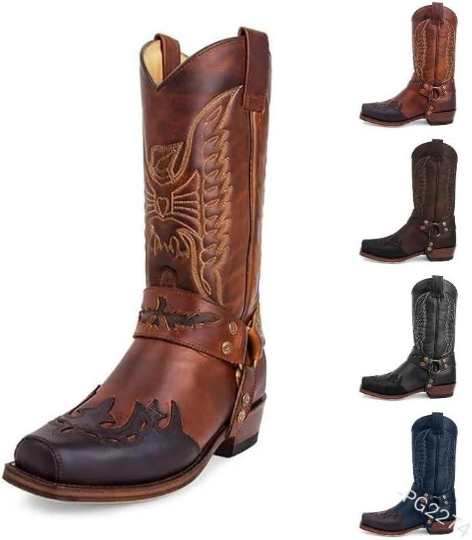 imageBottes Western Cowgirl Knight pour FemmeBottes miMollet rtro Bout carr Broderie Classique Botte dcontracte Traditionnelle Campagne Bottines Moto en Cuir pour HommeBlue Bleu