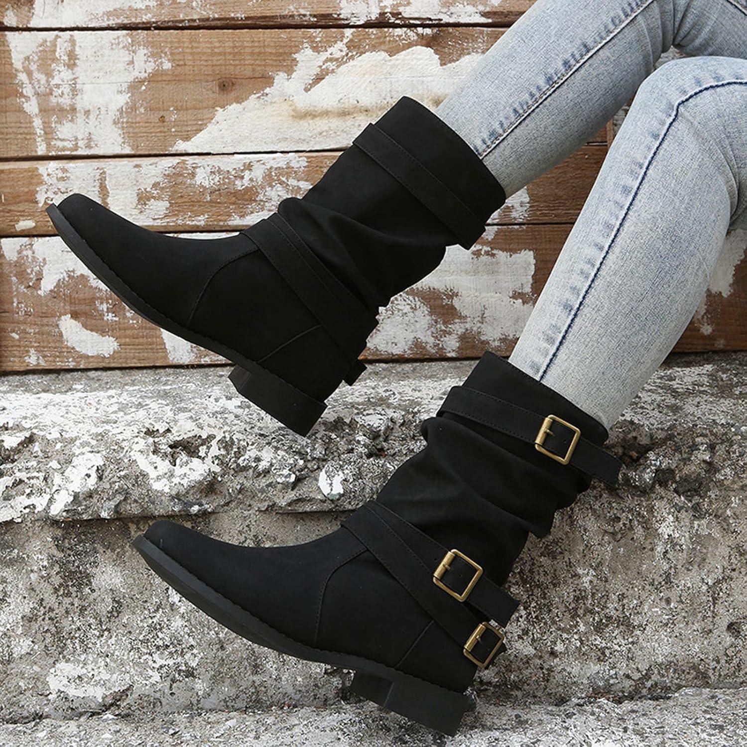 imageBottes de Cowboy pour Femme Bottes de Chevalier Botte de Neige Plates Femme Chic Botte Montantes Bottine Femmes Automne Cowboy Western Boots MiMollet Automne Hiver BootsNoir