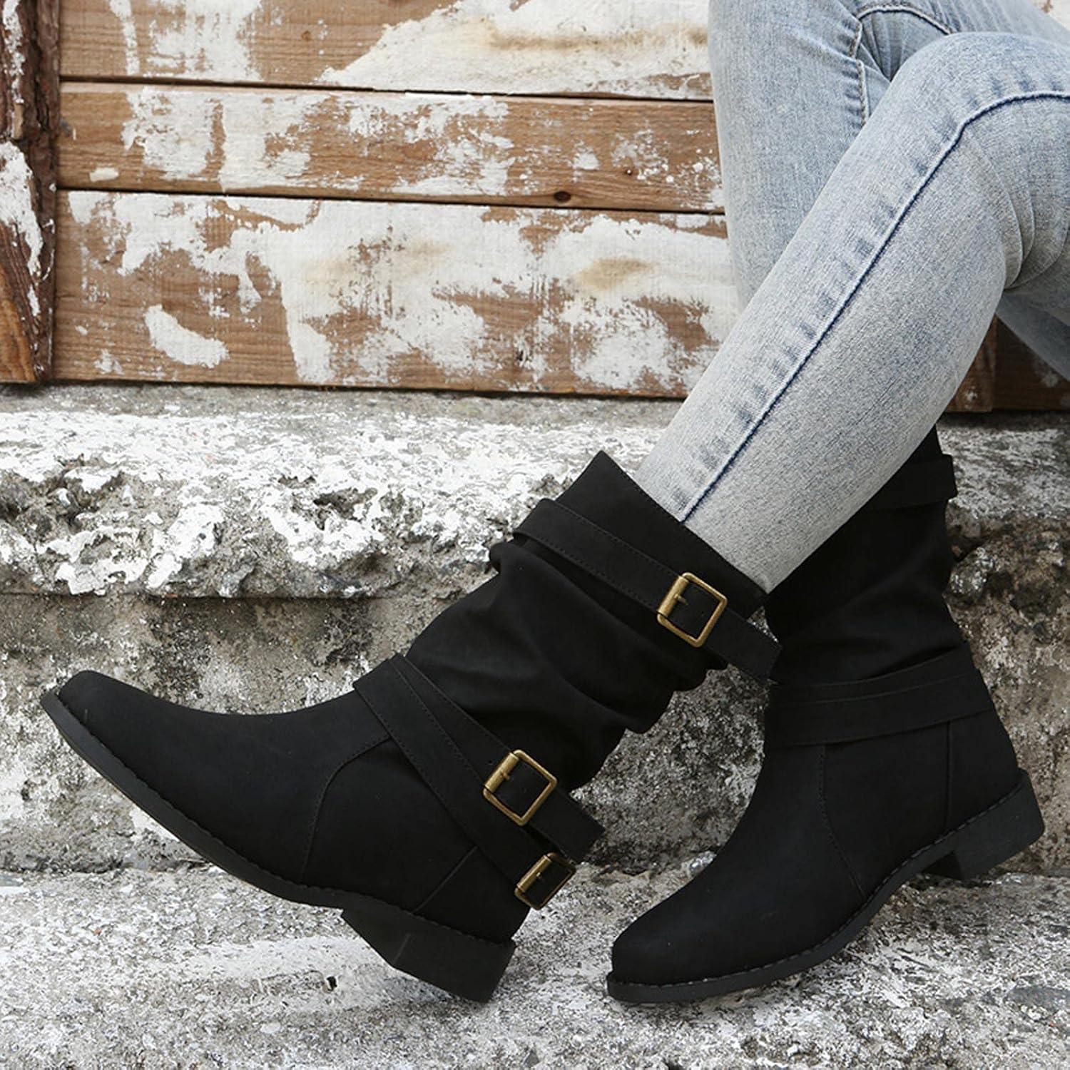 imageBottes de Cowboy pour Femme Bottes de Chevalier Botte de Neige Plates Femme Chic Botte Montantes Bottine Femmes Automne Cowboy Western Boots MiMollet Automne Hiver BootsNoir