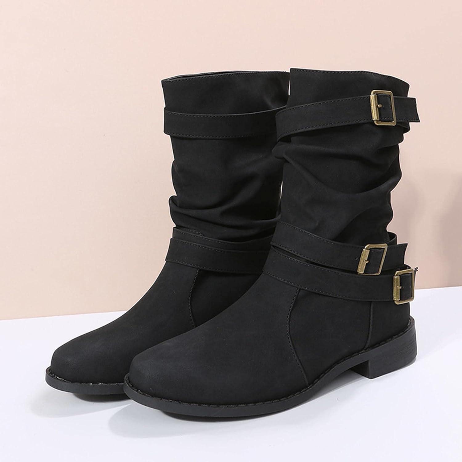 imageBottes de Cowboy pour Femme Bottes de Chevalier Botte de Neige Plates Femme Chic Botte Montantes Bottine Femmes Automne Cowboy Western Boots MiMollet Automne Hiver BootsNoir