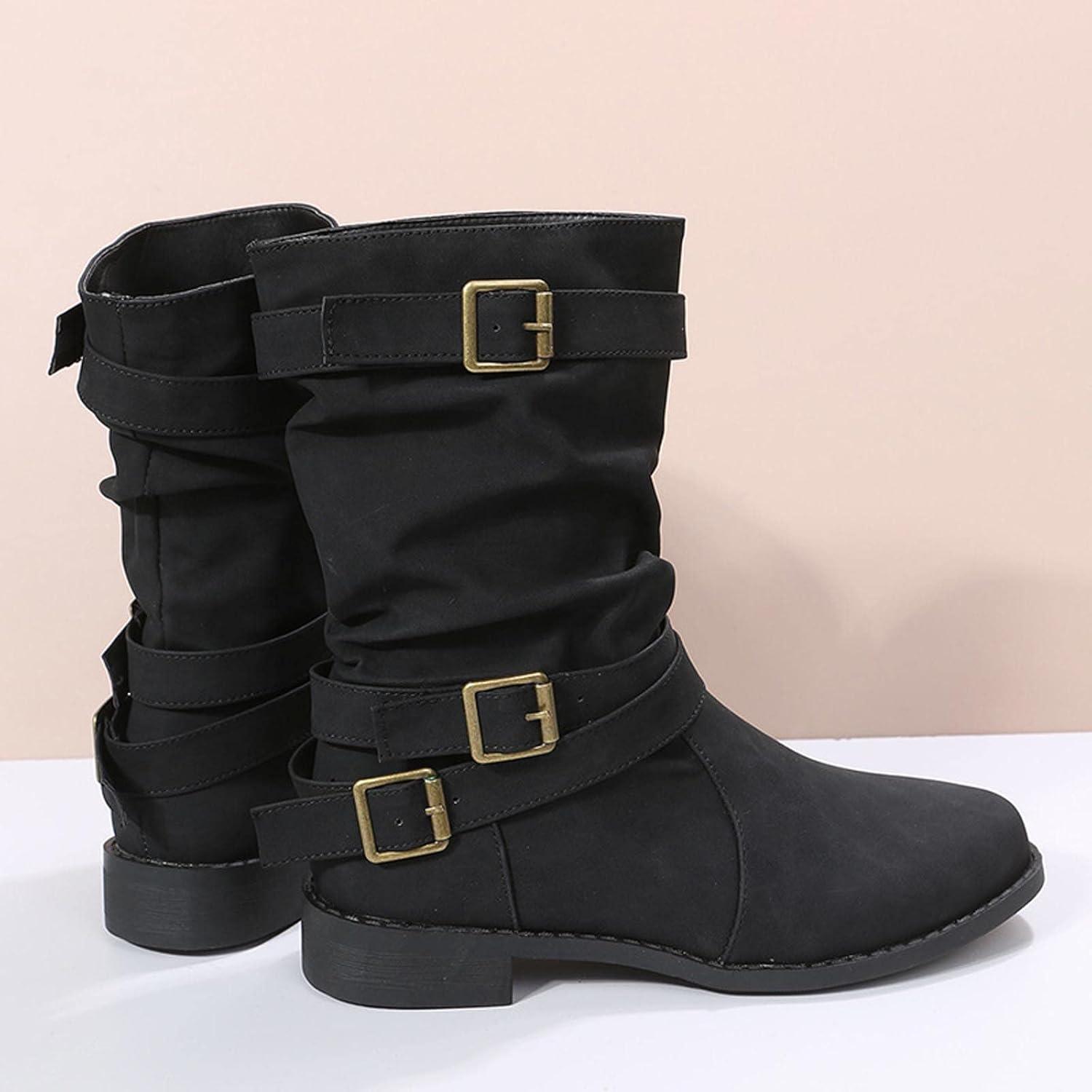 imageBottes de Cowboy pour Femme Bottes de Chevalier Botte de Neige Plates Femme Chic Botte Montantes Bottine Femmes Automne Cowboy Western Boots MiMollet Automne Hiver BootsNoir