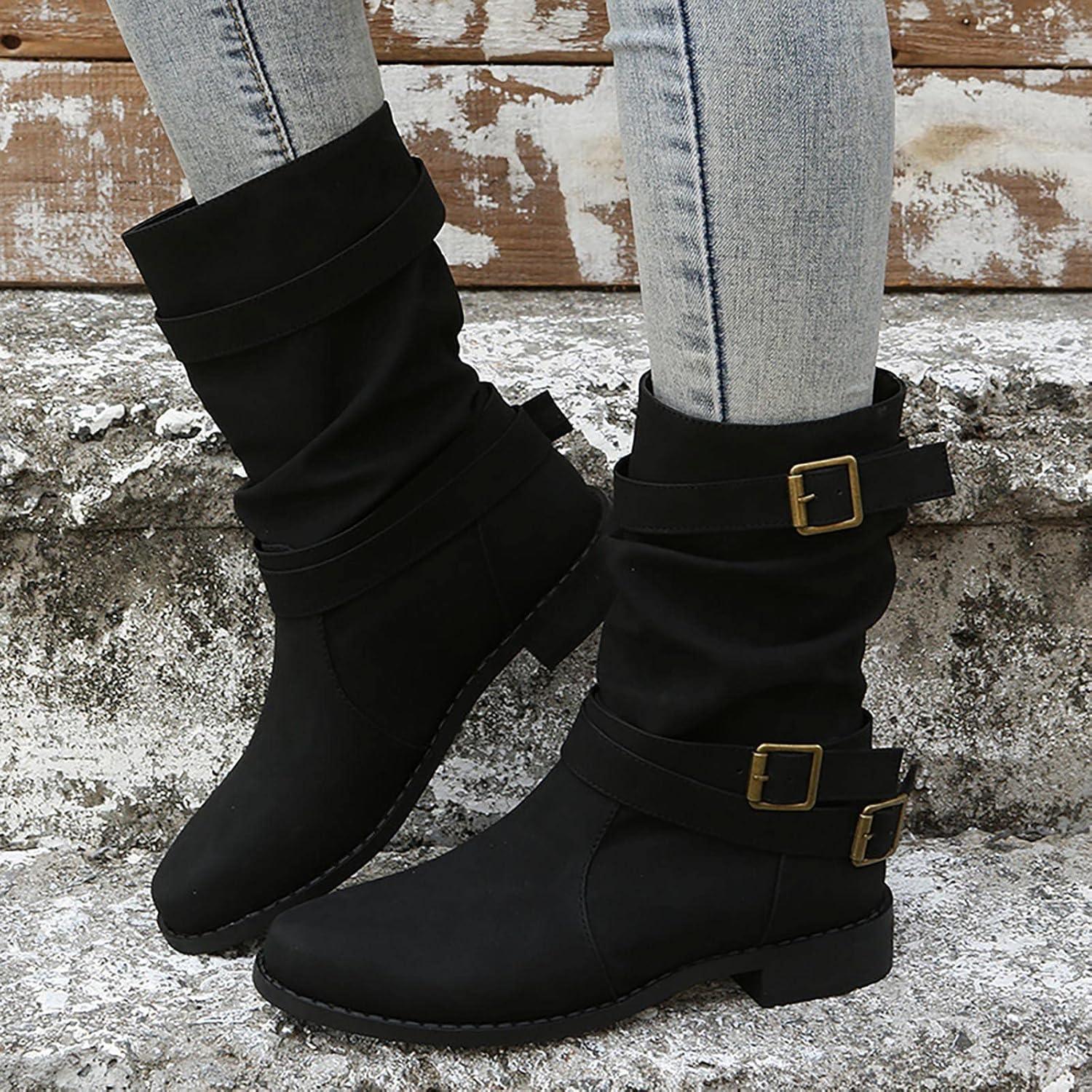 imageBottes de Cowboy pour Femme Bottes de Chevalier Botte de Neige Plates Femme Chic Botte Montantes Bottine Femmes Automne Cowboy Western Boots MiMollet Automne Hiver BootsNoir