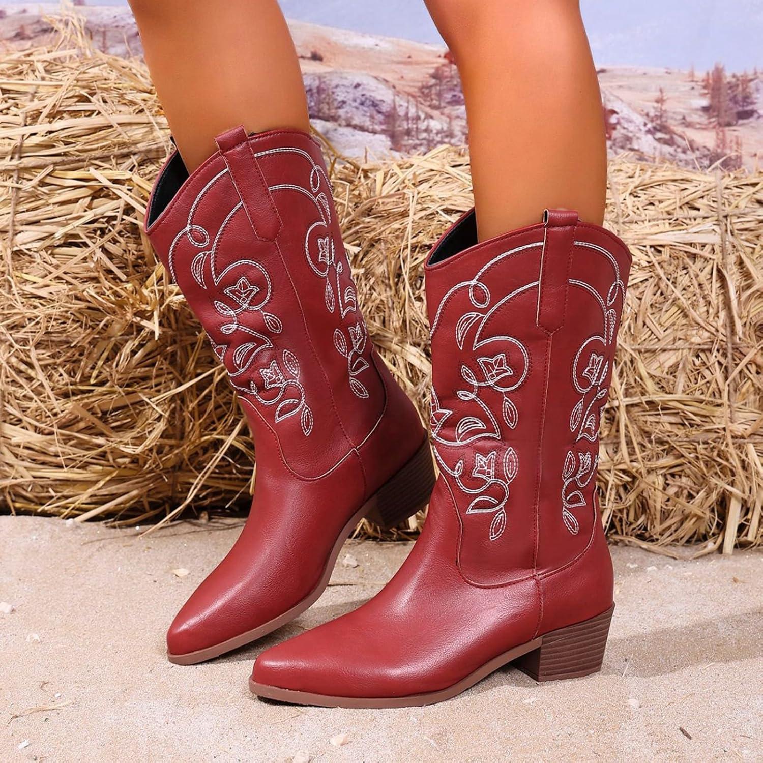 imageBottes de cowboy en cuir pour femme Bottines pour femme avec talon Bottes western vintage Broderie Bottes dquitation Bout pointu Bottes basses Bottes dhiver antidrapantesRouge