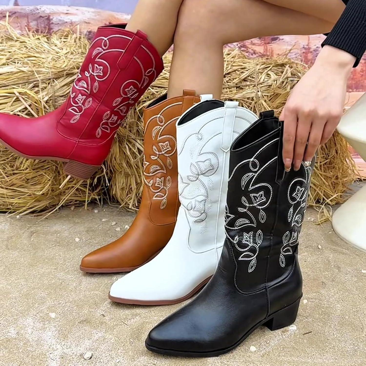 imageBottes de cowboy en cuir pour femme Bottines pour femme avec talon Bottes western vintage Broderie Bottes dquitation Bout pointu Bottes basses Bottes dhiver antidrapantesRouge