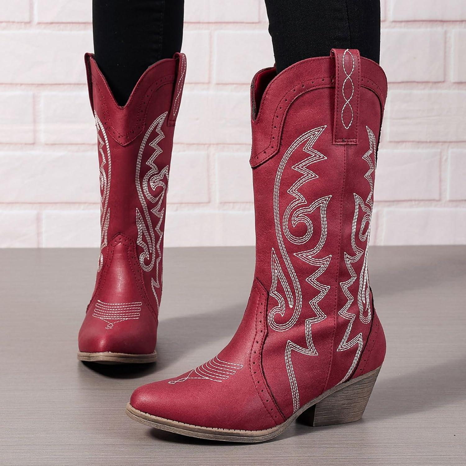 imageBottes de cowboy mimollet pour femme Bottes de cowgirl brodes Bout pointu Bottes occidentales pour femmes Bottes talons pais Bottes de veau larges Taille US 511Rouge Vin