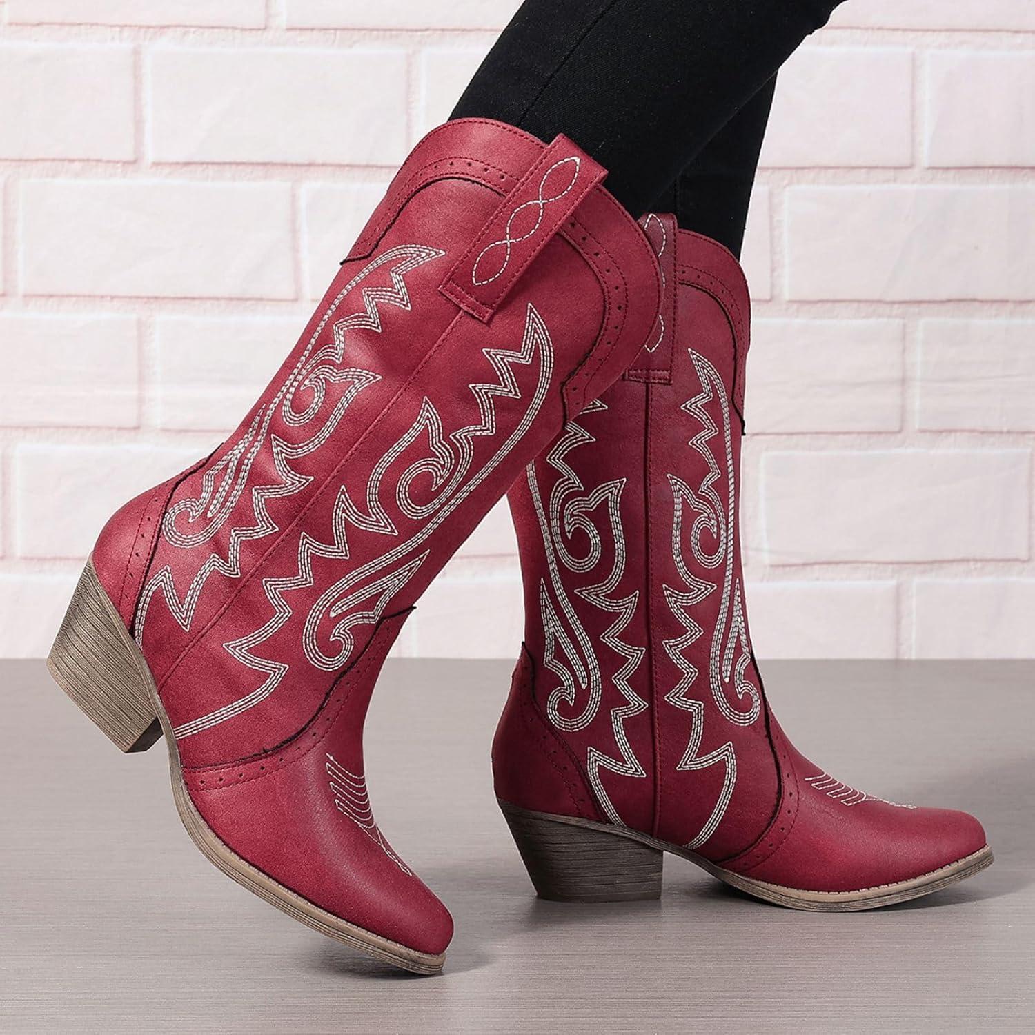 imageBottes de cowboy mimollet pour femme Bottes de cowgirl brodes Bout pointu Bottes occidentales pour femmes Bottes talons pais Bottes de veau larges Taille US 511Rouge Vin