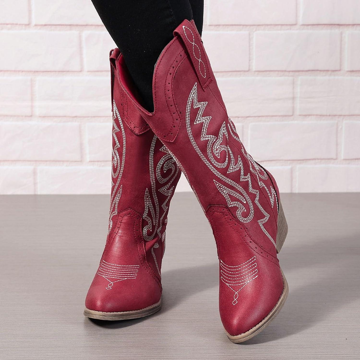 imageBottes de cowboy mimollet pour femme Bottes de cowgirl brodes Bout pointu Bottes occidentales pour femmes Bottes talons pais Bottes de veau larges Taille US 511Rouge Vin