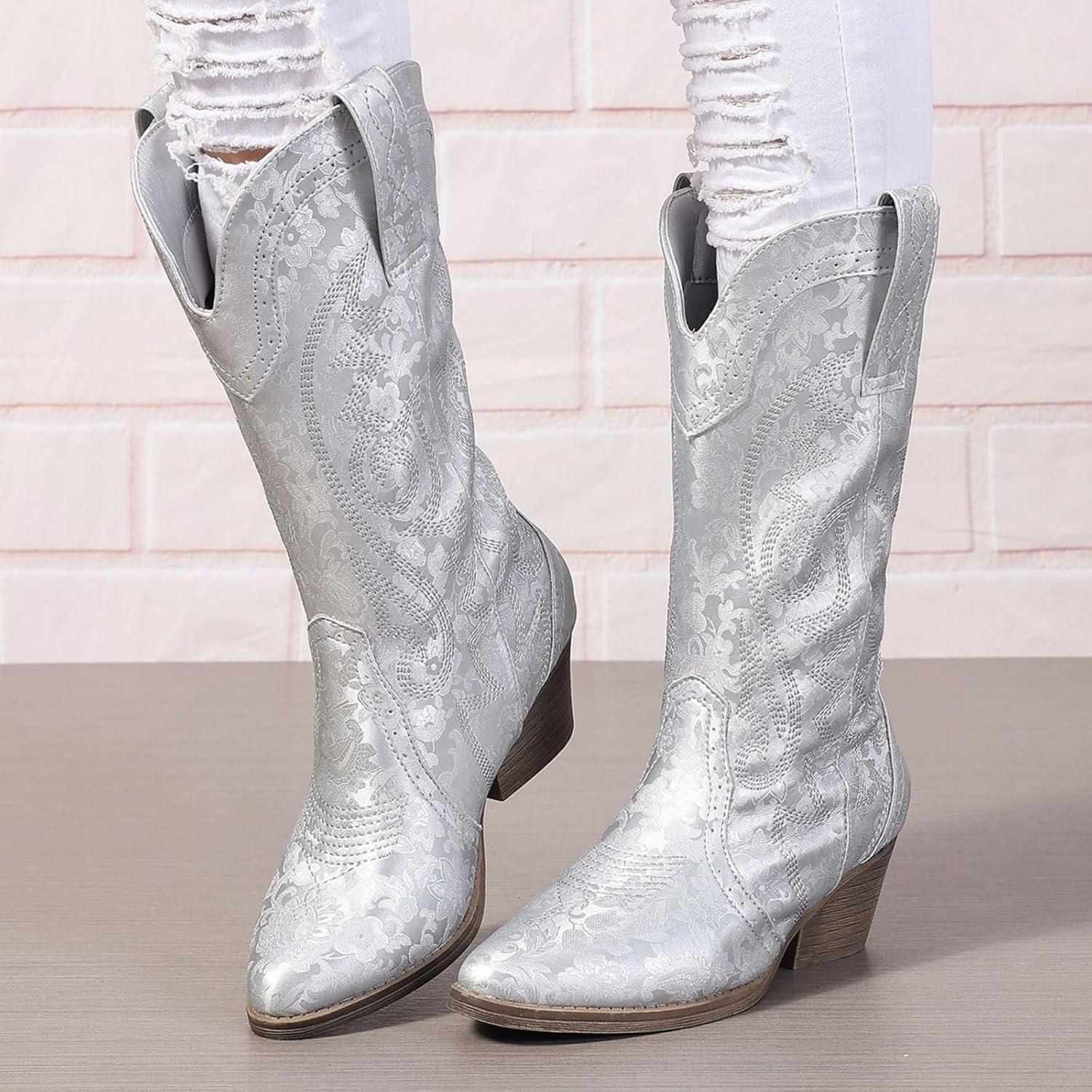 imageBottes de cowboy mimollet pour femme Bottes de cowgirl brodes Bout pointu Bottes occidentales pour femmes Bottes talons pais Bottes de veau larges Taille US 511Argent
