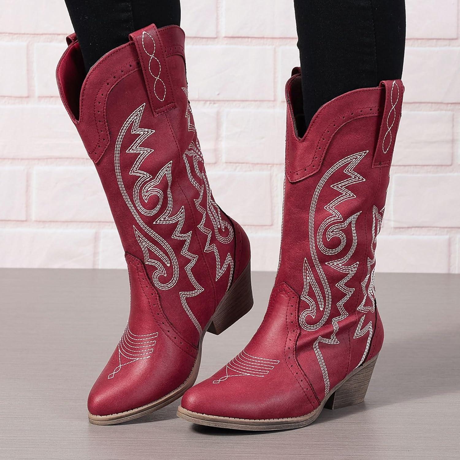 imageBottes de cowboy mimollet pour femme Bottes de cowgirl brodes Bout pointu Bottes occidentales pour femmes Bottes talons pais Bottes de veau larges Taille US 511Rouge Vin