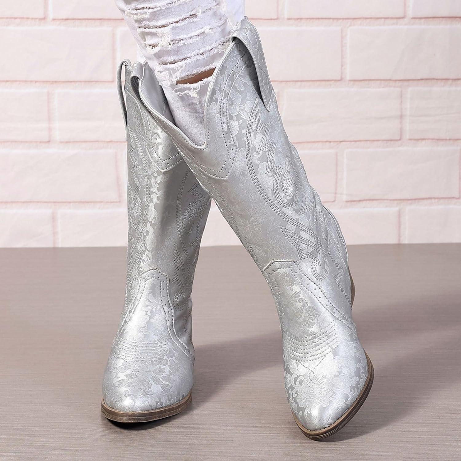 imageBottes de cowboy mimollet pour femme Bottes de cowgirl brodes Bout pointu Bottes occidentales pour femmes Bottes talons pais Bottes de veau larges Taille US 511Argent