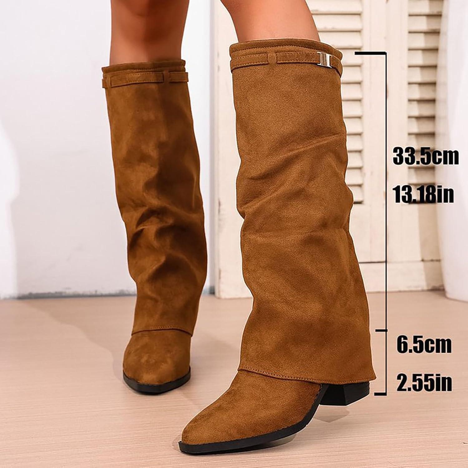 imageBottes de cowboy pour femme Bottes mihautes Noir Automne Marron Larges Chaussures basses Bottes western En daim Bottines dextrieur NoirMarron