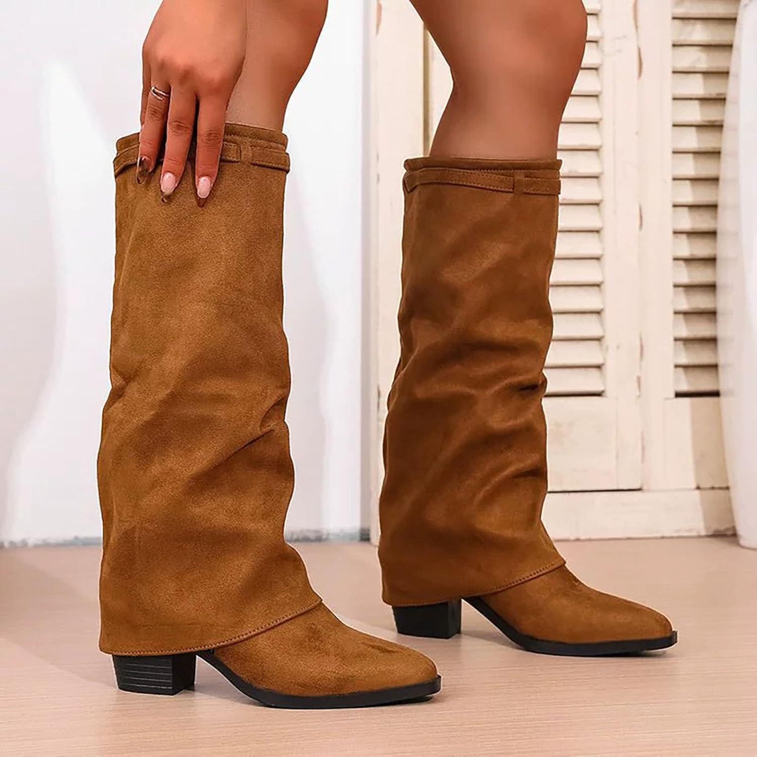 imageBottes de cowboy pour femme Bottes mihautes Noir Automne Marron Larges Chaussures basses Bottes western En daim Bottines dextrieur NoirMarron