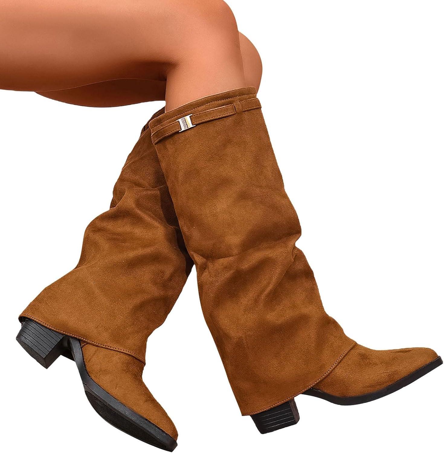imageBottes de cowboy pour femme Bottes mihautes Noir Automne Marron Larges Chaussures basses Bottes western En daim Bottines dextrieur NoirMarron