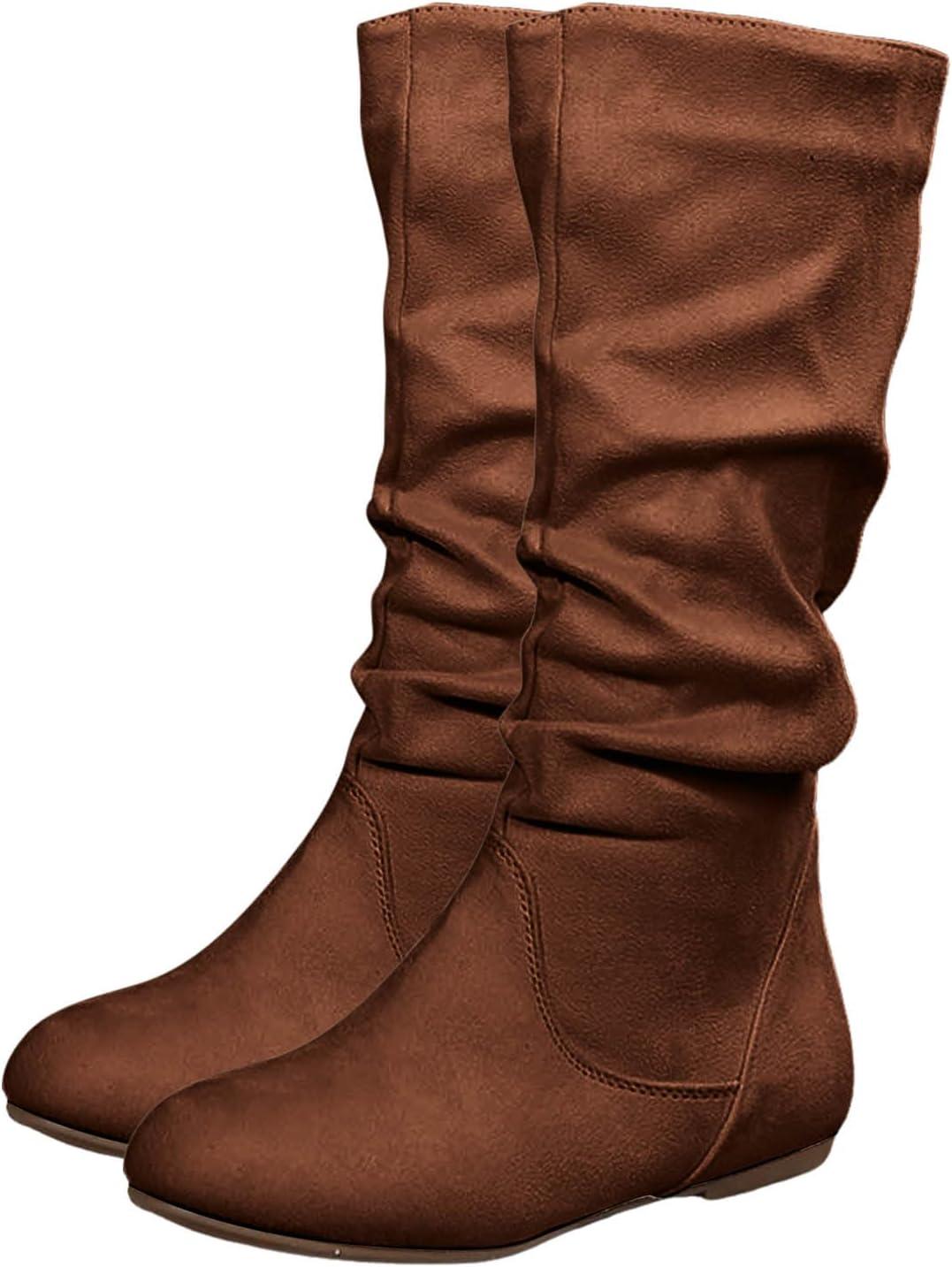 imageBottes pour femme Demitige plate avec fermeture clair Bout rond Bottes western en daim Bottes mihautes lgantes Bottes hautes pour femme Bottes dhiverCaf