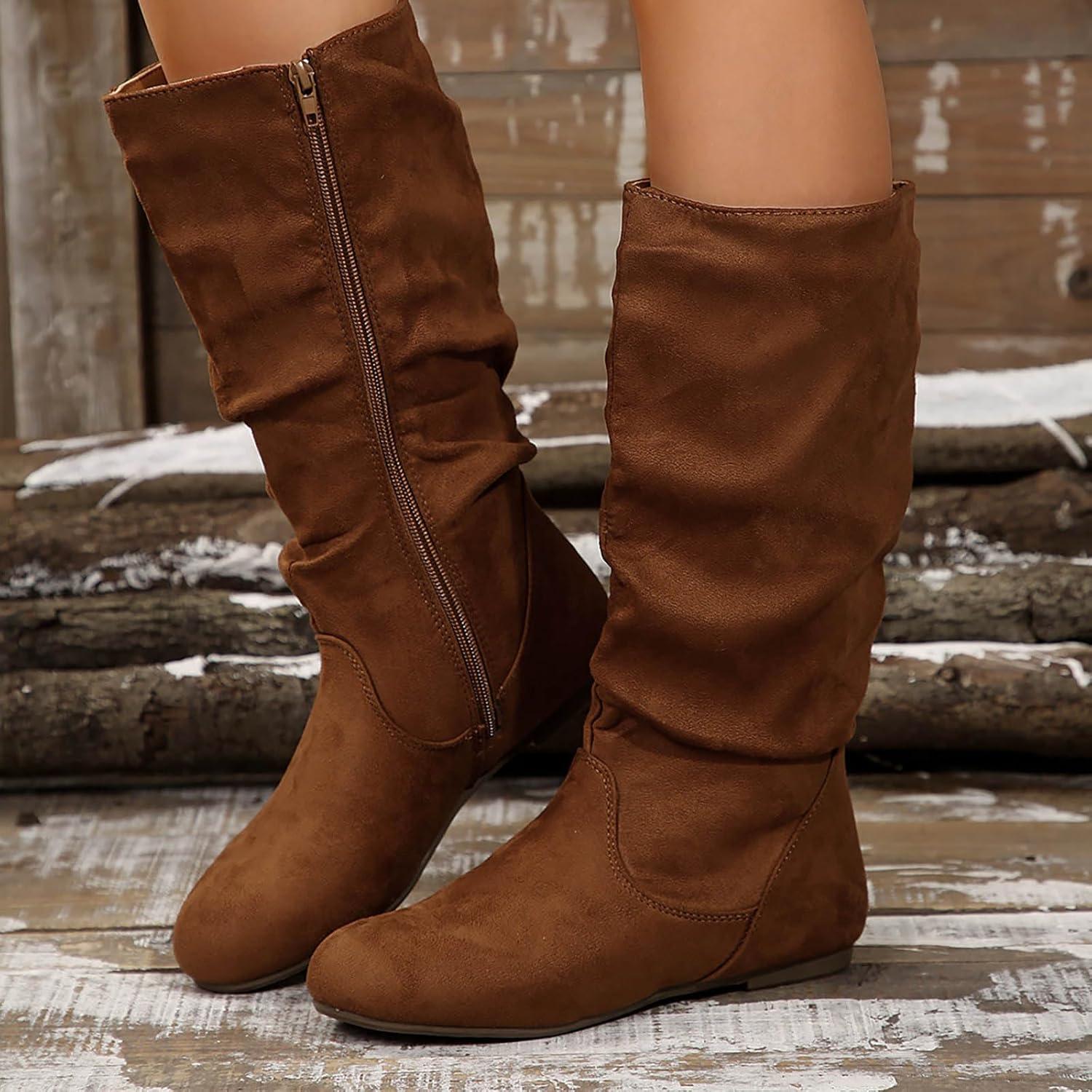 imageBottes pour femme Demitige plate avec fermeture clair Bout rond Bottes western en daim Bottes mihautes lgantes Bottes hautes pour femme Bottes dhiverCaf