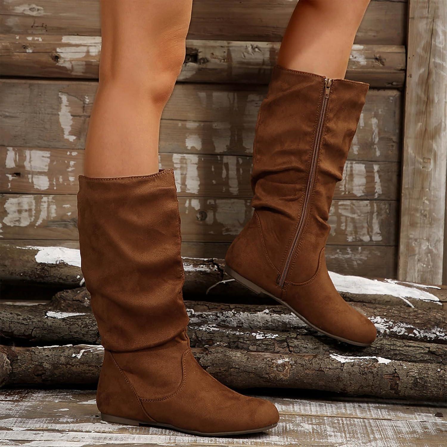 imageBottes pour femme Demitige plate avec fermeture clair Bout rond Bottes western en daim Bottes mihautes lgantes Bottes hautes pour femme Bottes dhiverCaf